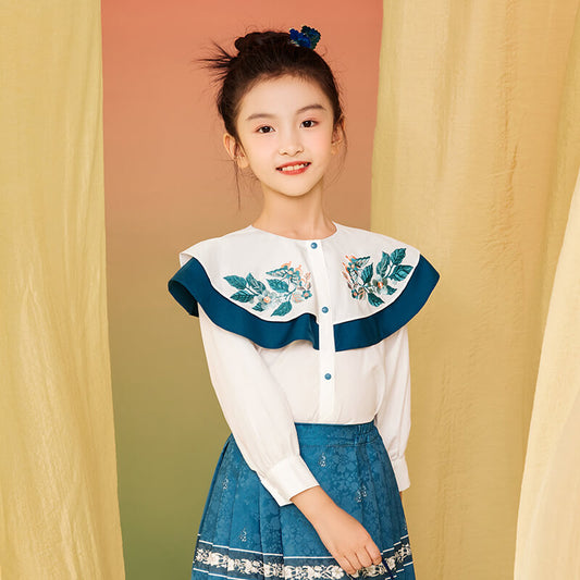 Ruffle Trim Flower Embroidery Flap Collar Blouse-2-color-White Marble -  NianYi, Chinese Traditional Clothing for Kids