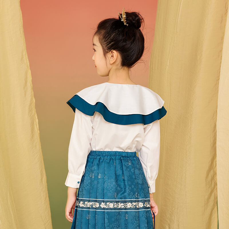 Ruffle Trim Flower Embroidery Flap Collar Blouse-3 -  NianYi, Chinese Traditional Clothing for Kids
