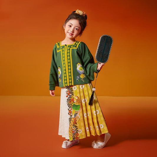 Traditional Chinese Realistic Bird and Flower Painting Mamian Pleated Dress-2 -  NianYi, Chinese Traditional Clothing for Kids