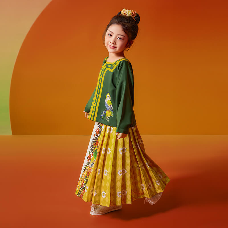 Traditional Chinese Realistic Bird and Flower Painting Mamian Pleated Dress-5 -  NianYi, Chinese Traditional Clothing for Kids