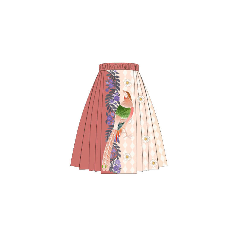 Traditional Chinese Realistic Bird and Flower Painting Mamian Pleated Dress-8-color--color-Persian Silk Pink -  NianYi, Chinese Traditional Clothing for Kids