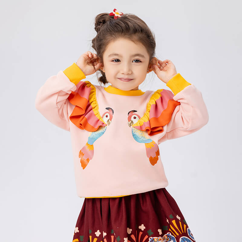 Realistic Bird Painting Flare Collar Color Contrast Pullover Sweatshirt-1 -  NianYi, Chinese Traditional Clothing for Kids
