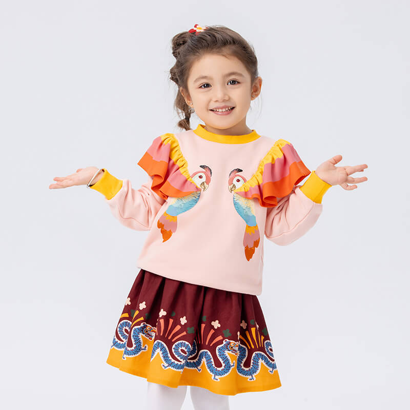 Realistic Bird Painting Flare Collar Color Contrast Pullover Sweatshirt-8 -  NianYi, Chinese Traditional Clothing for Kids