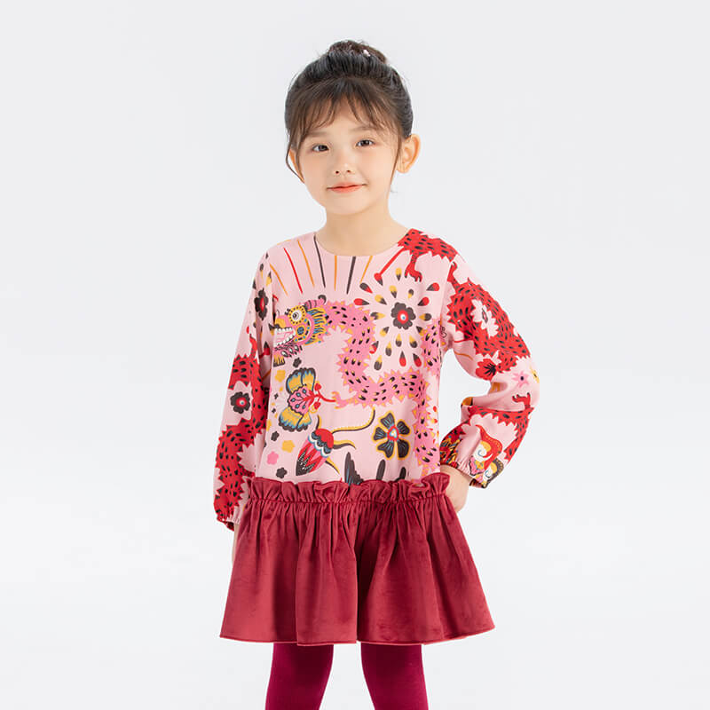 Dragon Long Illustration Colorblock Ruffle Trim Cami Dress-15 -  NianYi, Chinese Traditional Clothing for Kids