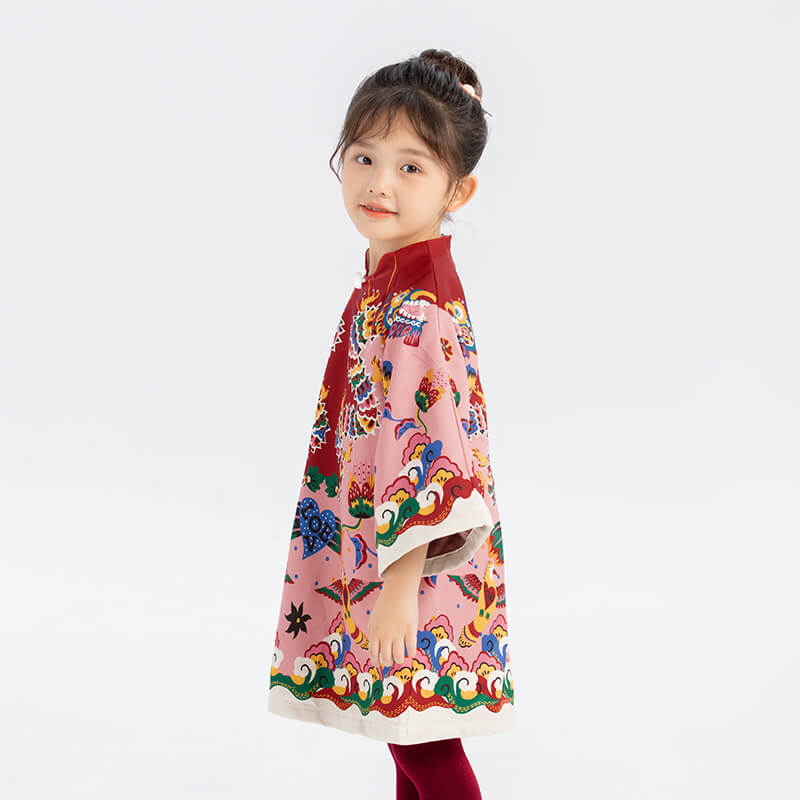 Dragon Long Colorblock Auspicious Cloud Pattern Cami Dress-10 -  NianYi, Chinese Traditional Clothing for Kids