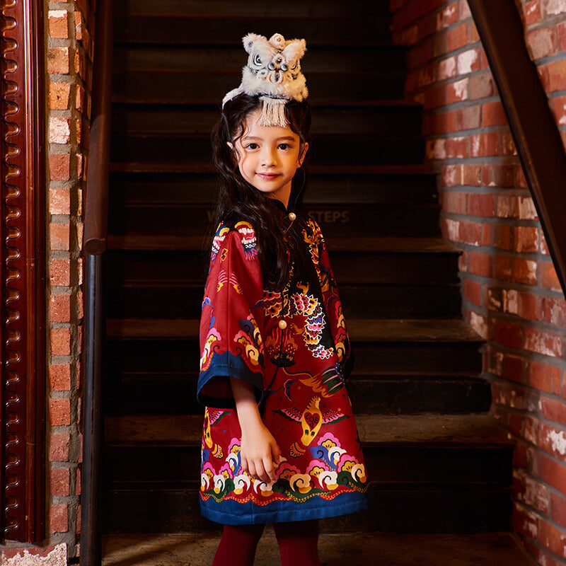 Dragon Long Colorblock Auspicious Cloud Pattern Cami Dress-3 -  NianYi, Chinese Traditional Clothing for Kids