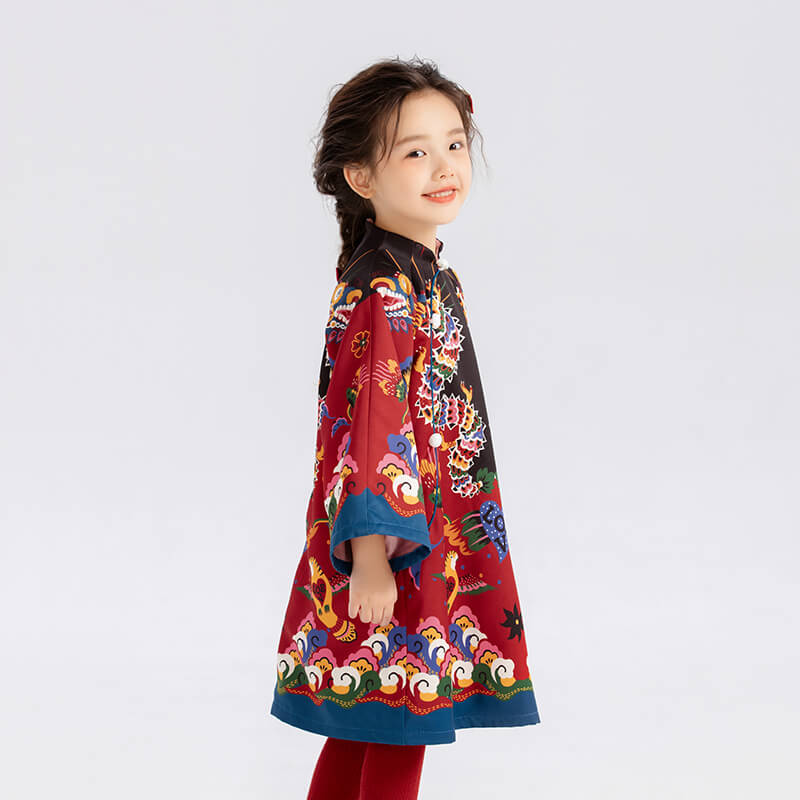 Dragon Long Colorblock Auspicious Cloud Pattern Cami Dress-6 -  NianYi, Chinese Traditional Clothing for Kids