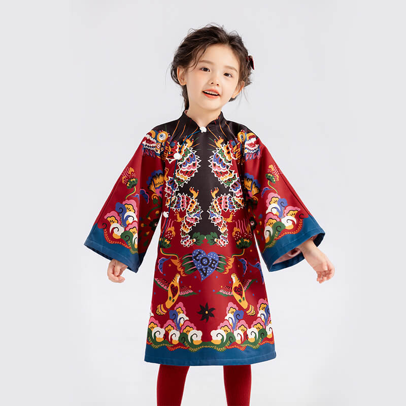 Dragon Long Colorblock Auspicious Cloud Pattern Cami Dress-7 -  NianYi, Chinese Traditional Clothing for Kids