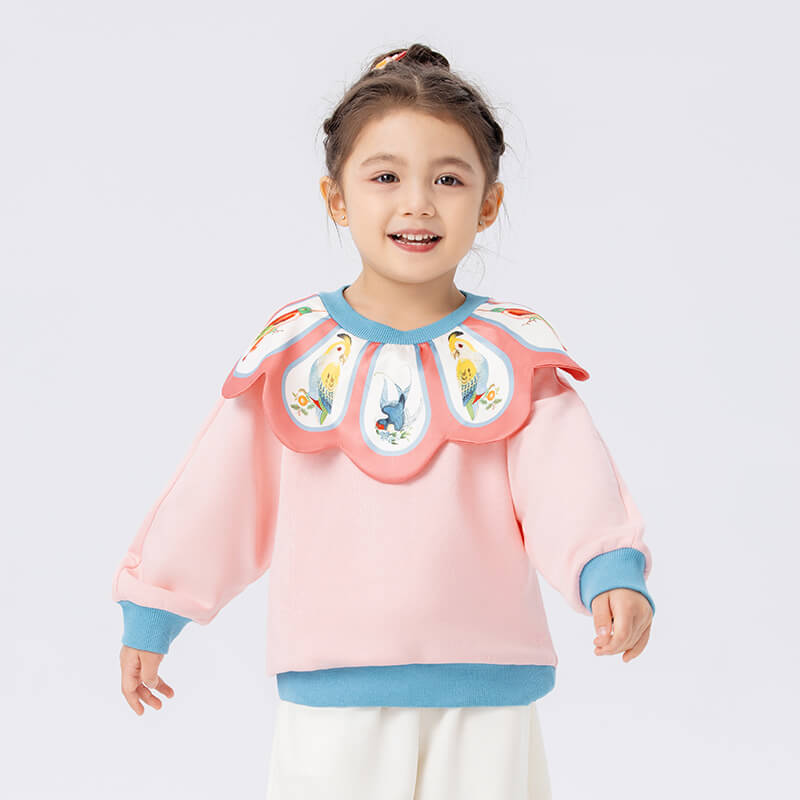 Realistic Bird Folding Pingfeng Style Painting Cloud Collar Color Contrast Pullover Sweatshirt-11 -  NianYi, Chinese Traditional Clothing for Kids