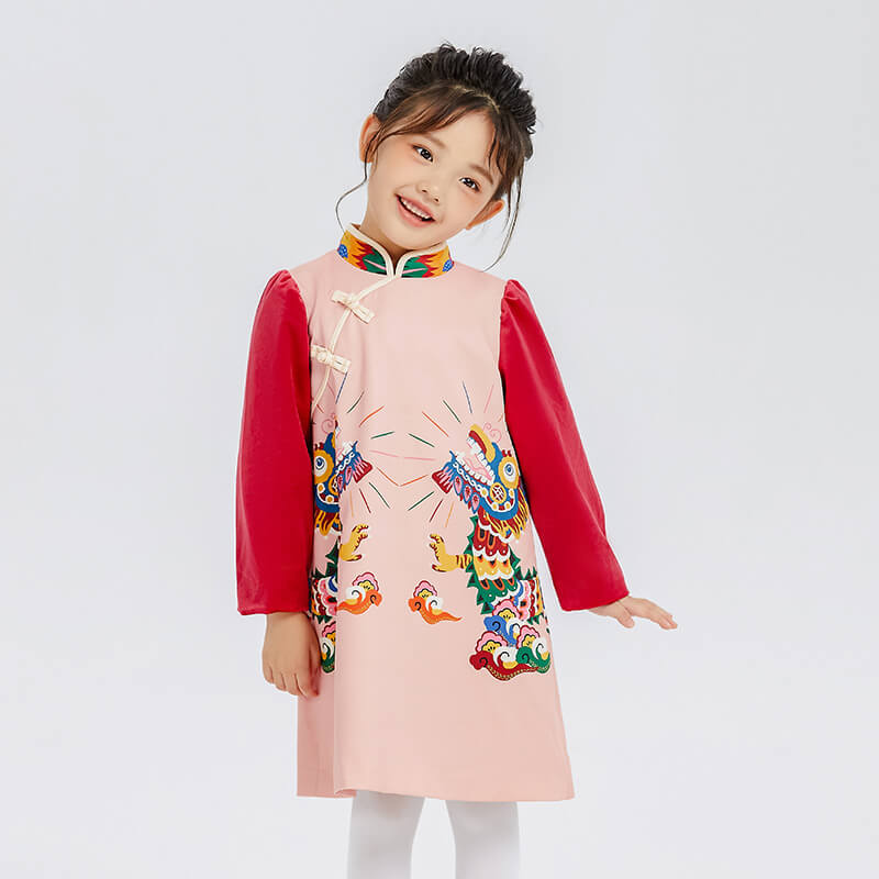 Dragon Long Colorblock Dragon Printing Qipao Dress-1 -  NianYi, Chinese Traditional Clothing for Kids