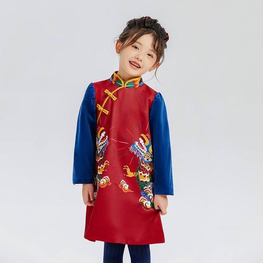 Dragon Long Colorblock Dragon Printing Qipao Dress-2 -  NianYi, Chinese Traditional Clothing for Kids