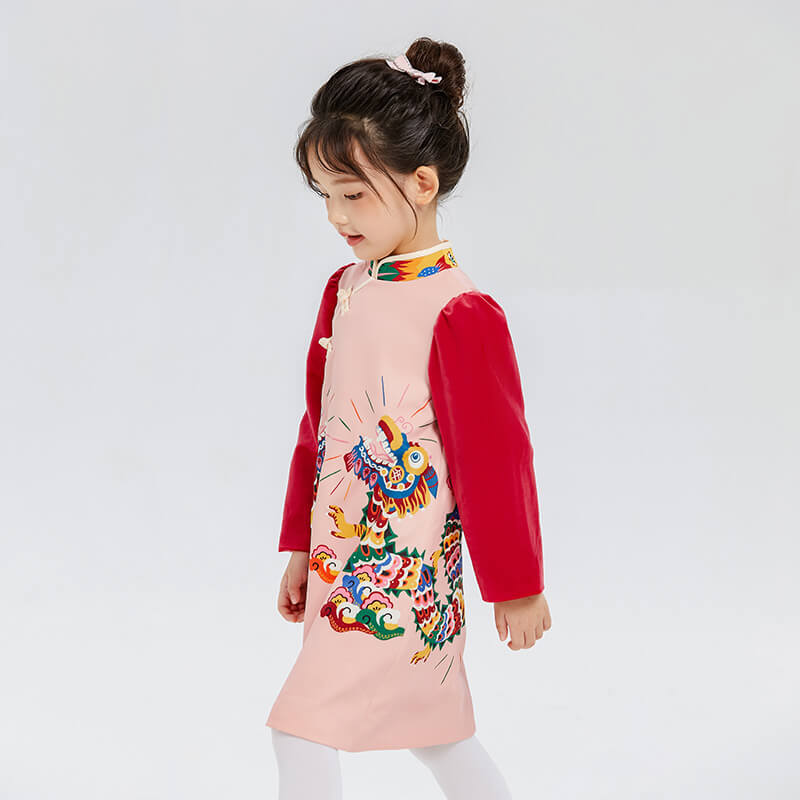 Dragon Long Colorblock Dragon Printing Qipao Dress-3-color-Pale Crimson -  NianYi, Chinese Traditional Clothing for Kids
