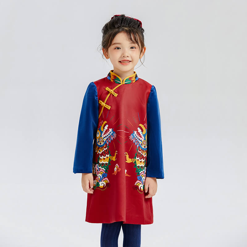 Dragon Long Colorblock Dragon Printing Qipao Dress-5-color-NianYi Red -  NianYi, Chinese Traditional Clothing for Kids