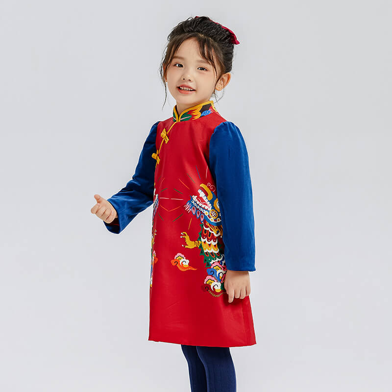Dragon Long Colorblock Dragon Printing Qipao Dress-6 -  NianYi, Chinese Traditional Clothing for Kids