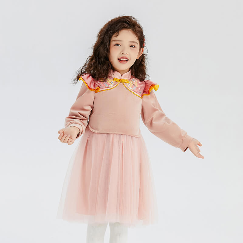 Floral Journey Bird Embroidery Flare Collar Tutu Dress-8-color-Pale Crimson -  NianYi, Chinese Traditional Clothing for Kids