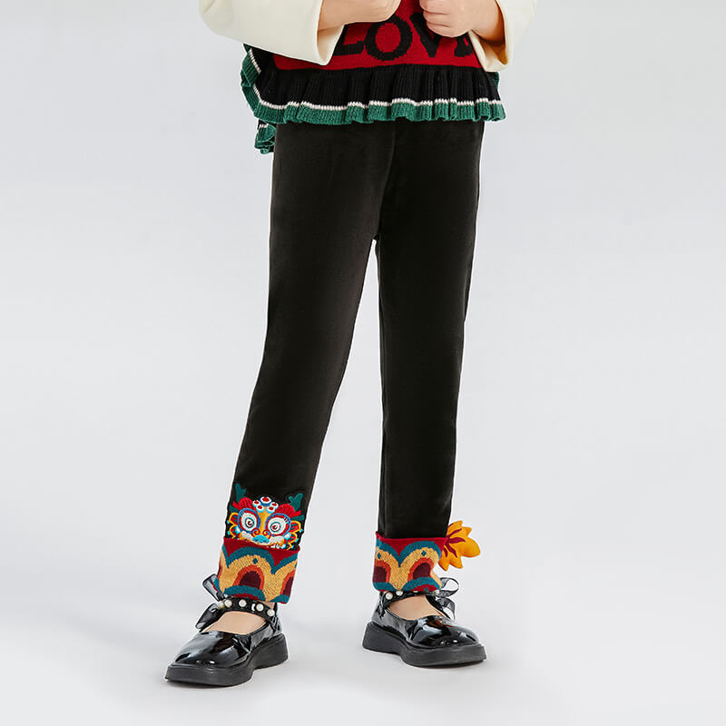 Dragon Long Spun velvet Dragon Embroidery Knit Hemline Leggings-1 -  NianYi, Chinese Traditional Clothing for Kids