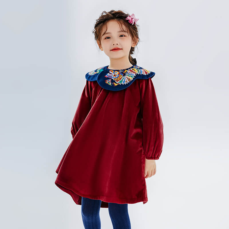 Dragon Long Embroidery Petal Collar Dress-1 -  NianYi, Chinese Traditional Clothing for Kids