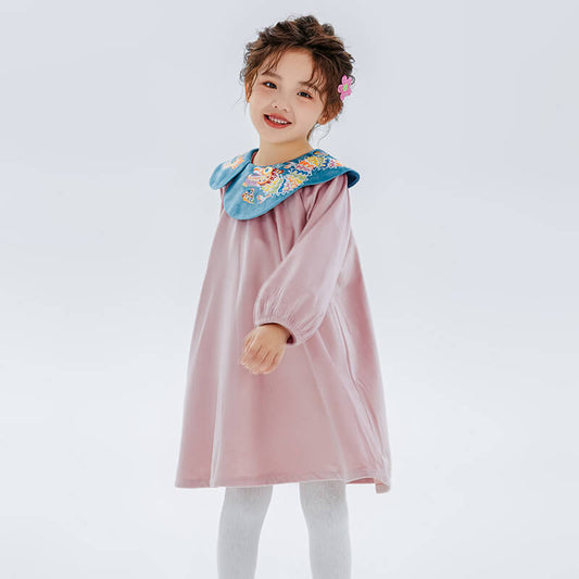 Dragon Long Embroidery Petal Collar Dress-2 -  NianYi, Chinese Traditional Clothing for Kids