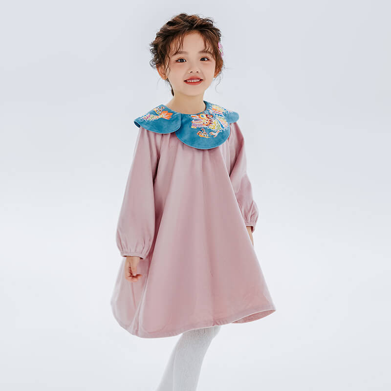 Dragon Long Embroidery Petal Collar Dress-6-color-Pale Crimson -  NianYi, Chinese Traditional Clothing for Kids