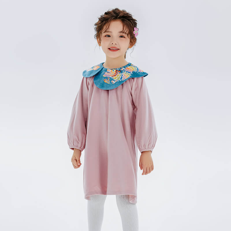 Dragon Long Embroidery Petal Collar Dress-7 -  NianYi, Chinese Traditional Clothing for Kids