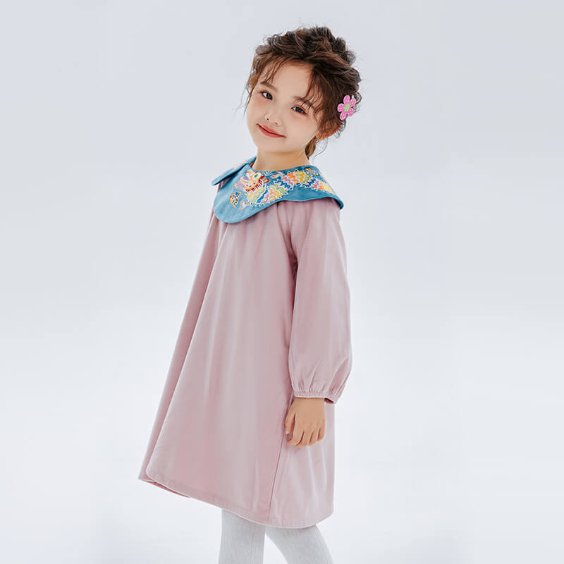 Dragon Long Embroidery Petal Collar Dress-8 -  NianYi, Chinese Traditional Clothing for Kids