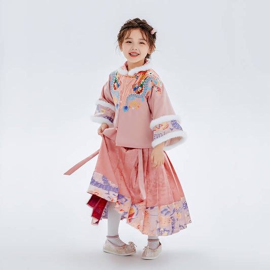 Dragon Long Lurex Dragon Embroidery Fluffy Mamian Dress Set-2-color-First Peach Pink -  NianYi, Chinese Traditional Clothing for Kids