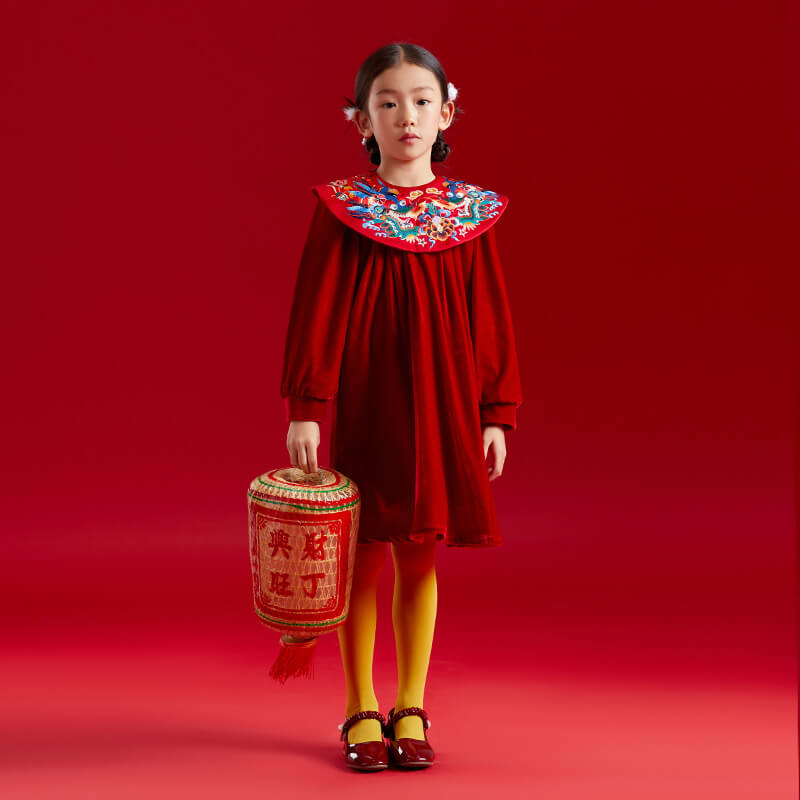 Dragon Long Embroidery Cloude Collar Dress-1 -  NianYi, Chinese Traditional Clothing for Kids