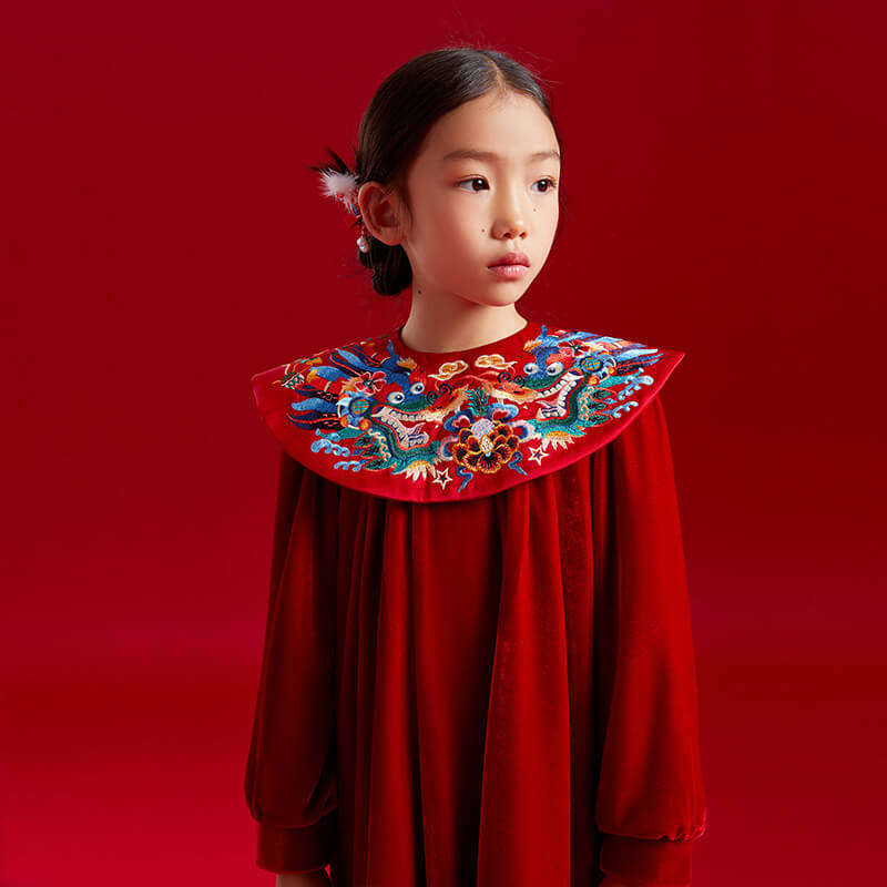 Dragon Long Embroidery Cloude Collar Dress-3 -  NianYi, Chinese Traditional Clothing for Kids