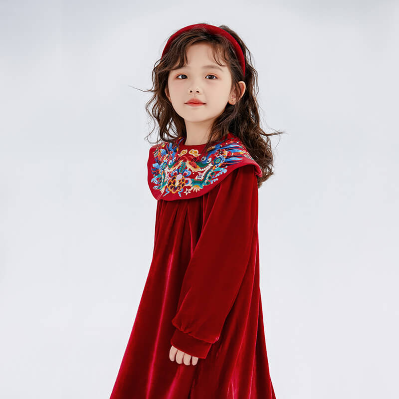 Dragon Long Embroidery Cloude Collar Dress-5 -  NianYi, Chinese Traditional Clothing for Kids