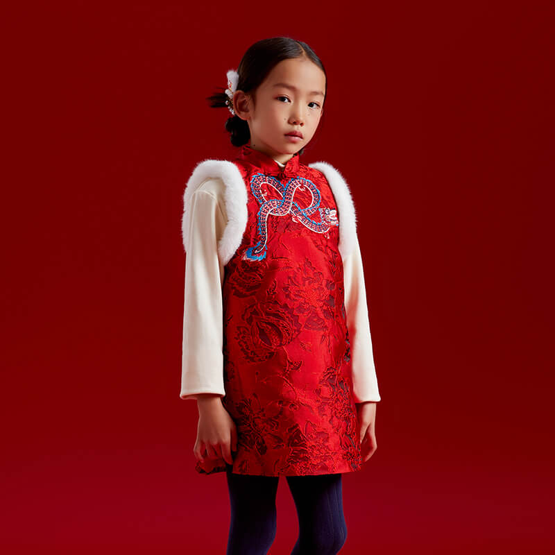 Dragon Long Embroidery Jacquard Weave Fluffly Vest Dress-1 -  NianYi, Chinese Traditional Clothing for Kids