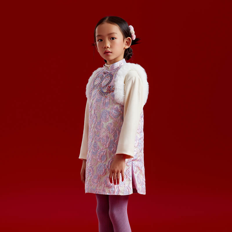 Dragon Long Embroidery Jacquard Weave Fluffly Vest Dress-5-color-Pale Crimson -  NianYi, Chinese Traditional Clothing for Kids