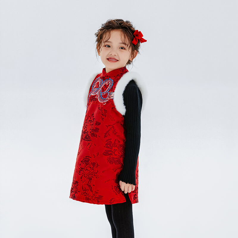 Dragon Long Embroidery Jacquard Weave Fluffly Vest Dress-6 -  NianYi, Chinese Traditional Clothing for Kids