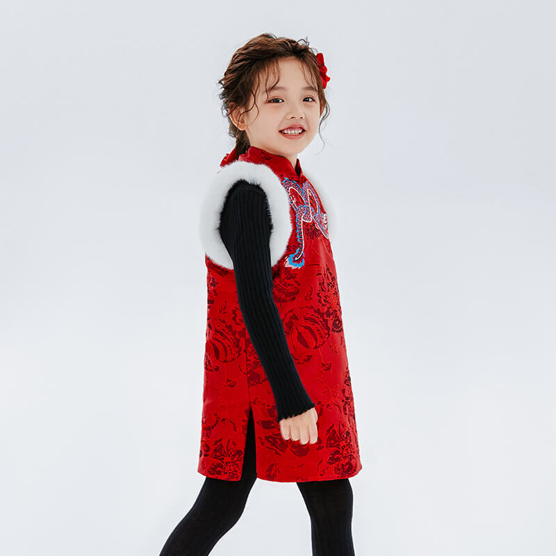 Dragon Long Embroidery Jacquard Weave Fluffly Vest Dress-7-color-NianYi Red -  NianYi, Chinese Traditional Clothing for Kids