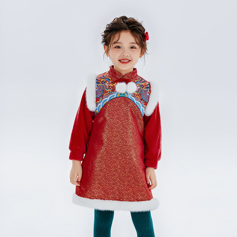 Dragon Long Dragon Embroidery Lurex Fluffy Long Sleeves Dress-1 -  NianYi, Chinese Traditional Clothing for Kids