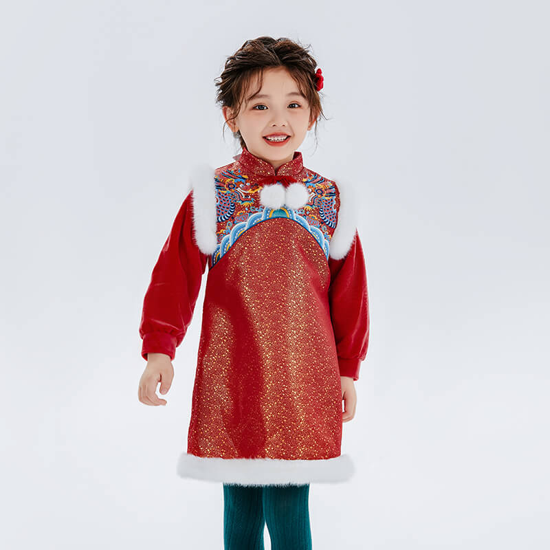Dragon Long Dragon Embroidery Lurex Fluffy Long Sleeves Dress-3-color-NianYi Red -  NianYi, Chinese Traditional Clothing for Kids