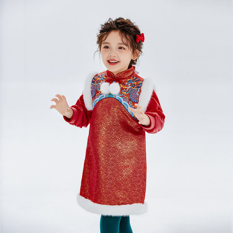 Dragon Long Dragon Embroidery Lurex Fluffy Long Sleeves Dress-6 -  NianYi, Chinese Traditional Clothing for Kids