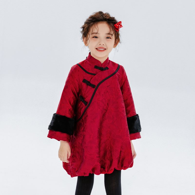 Dragon Long Lurex Embroidery Fluffy Qipao Dress-2-color-NianYi Red -  NianYi, Chinese Traditional Clothing for Kids