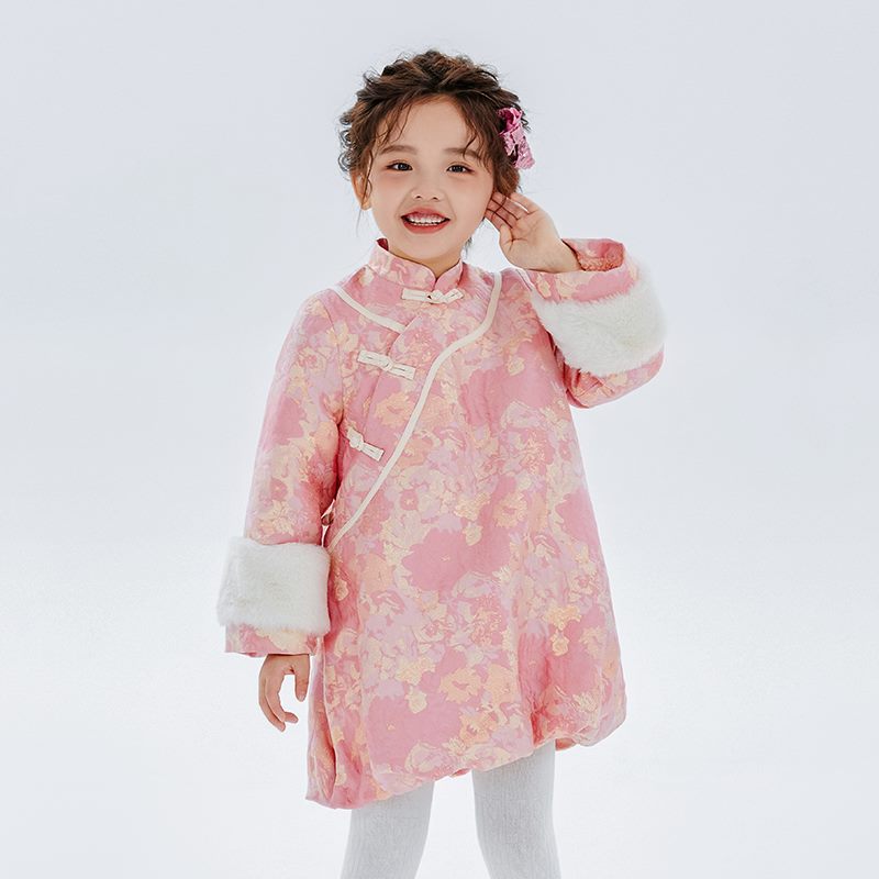 Dragon Long Lurex Embroidery Fluffy Qipao Dress-5-color-Pink PP -  NianYi, Chinese Traditional Clothing for Kids