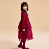 Dragon Long Velvet Mandarin Collar and Layered Tutu Dress-3 -  NianYi, Chinese Traditional Clothing for Kids