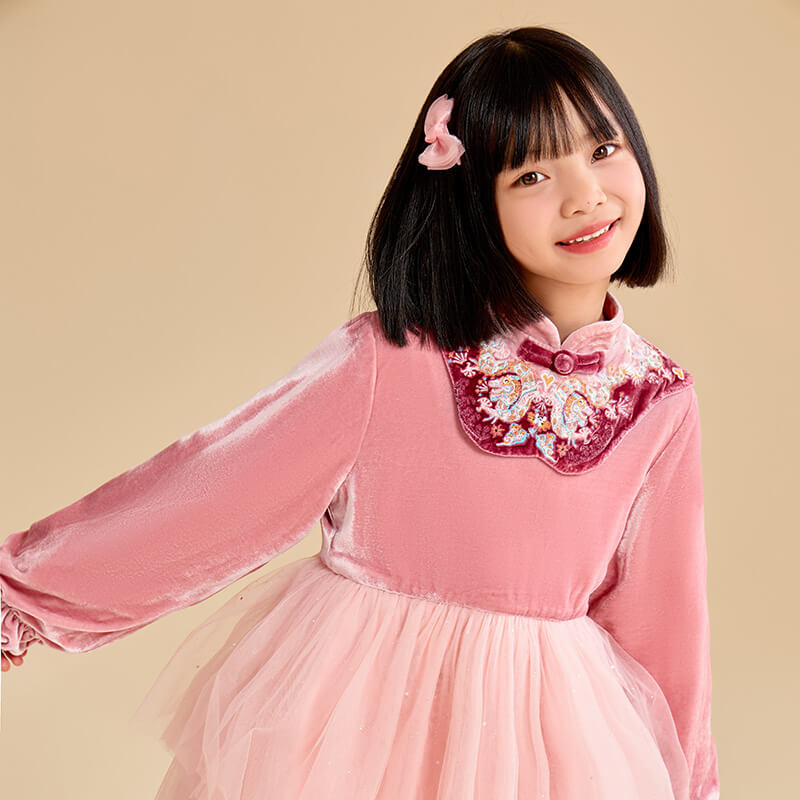 Dragon Long Velvet Mandarin Collar and Layered Tutu Dress-7 -  NianYi, Chinese Traditional Clothing for Kids