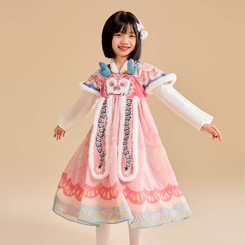 Dragon Long Fluffy Happy Dragon Hanfu Dress-2 -  NianYi, Chinese Traditional Clothing for Kids