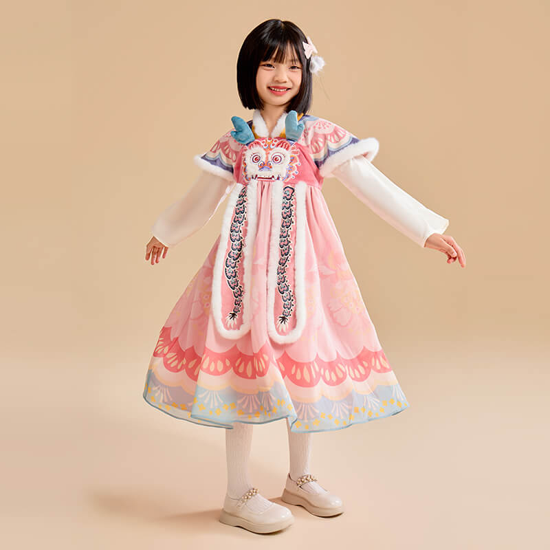 Dragon Long Fluffy Happy Dragon Hanfu Dress-8-color-Pale Crimson -  NianYi, Chinese Traditional Clothing for Kids