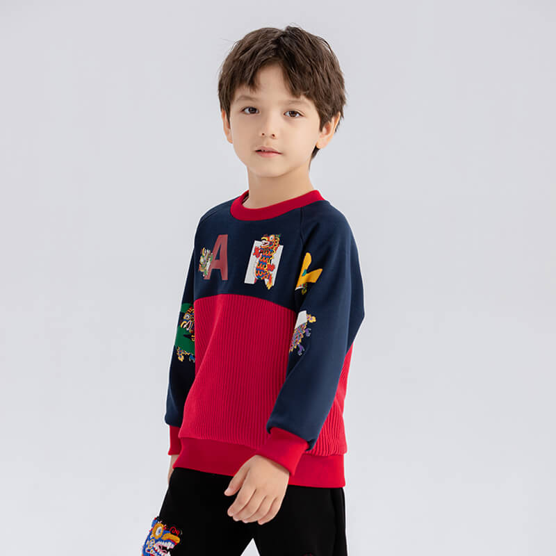 Dragon Long Colorblock Dragon with NianYi Pullover Sweatshirt-1 -  NianYi, Chinese Traditional Clothing for Kids
