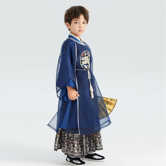 Dragon Graphic Round Collar Robe with Mesh Hanfu-1-color-Yan Qin Blue -  NianYi, Chinese Traditional Clothing for Kids