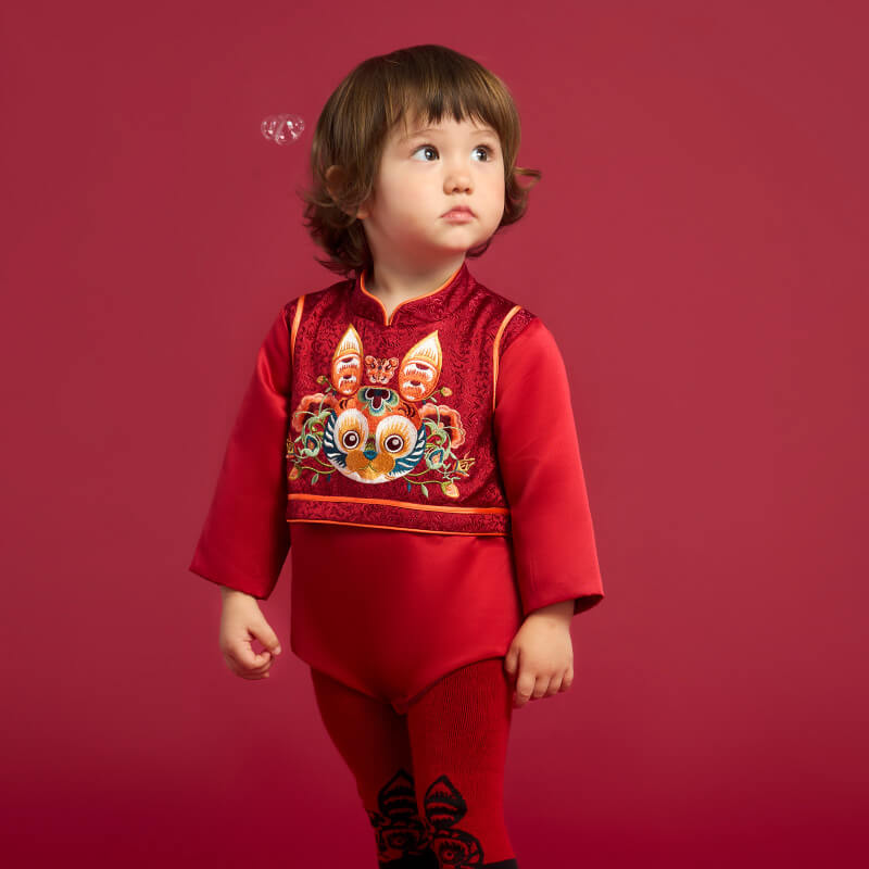 Lucky Bunny Chinese Style Long Sleeve Baby Bodysuit-1-color-NianYi Red -  NianYi, Chinese Traditional Clothing for Kids