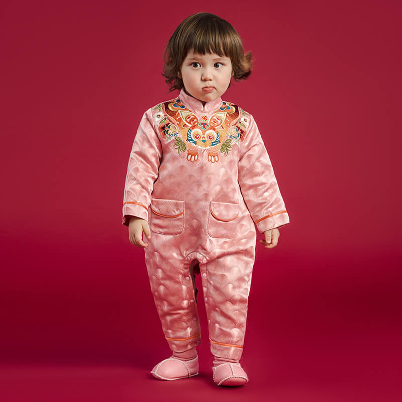 Lucky Bunny Chinese Style Coverall Baby Bodysuit-8-Pale Crimson -  NianYi, Chinese Traditional Clothing for Kids