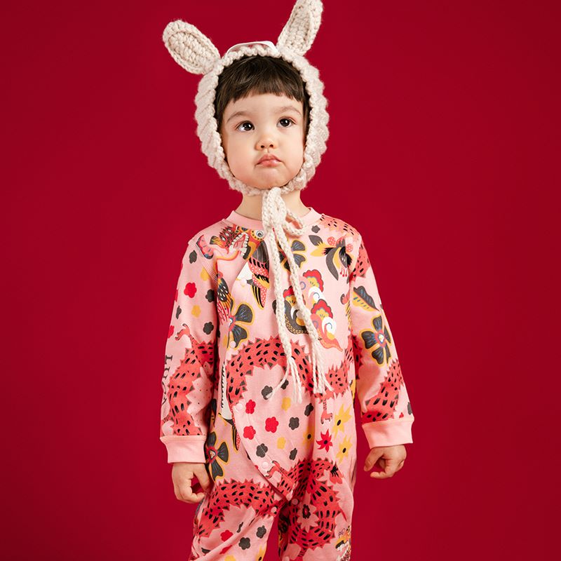 Dragon Long Love and Luck Snap up Sleep and Play Pajamas-2-color-Pale Crimson -  NianYi, Chinese Traditional Clothing for Kids
