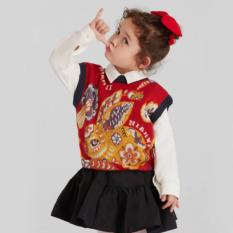 321 Bunny Vest-6-color-NianYi Red -  NianYi, Chinese Traditional Clothing for Kids