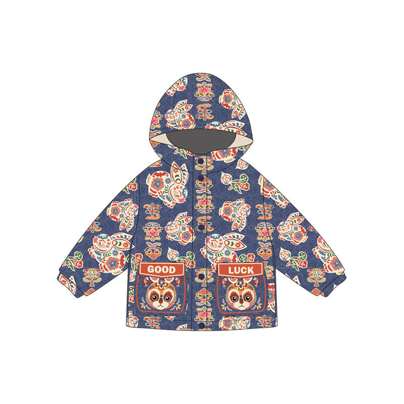 Printed Luck Bunny Coat-10-color WBG Dark Blue -  NianYi, Chinese Traditional Clothing for Kids
