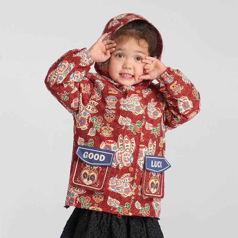 Printed Luck Bunny Coat-6-color Bright Red -  NianYi, Chinese Traditional Clothing for Kids